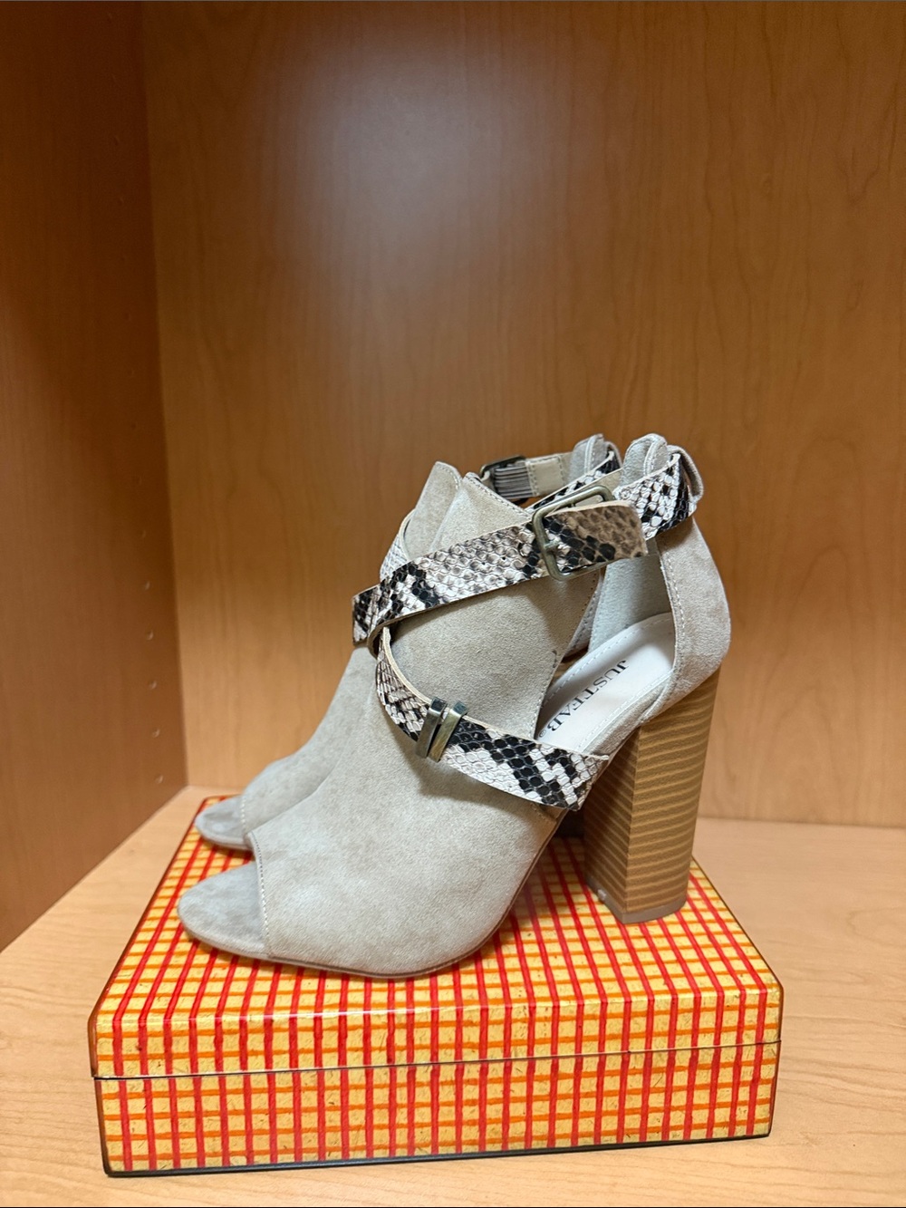 JustFab Beige Suede Open-Toe Block Heel Booties with Snake-Print Straps